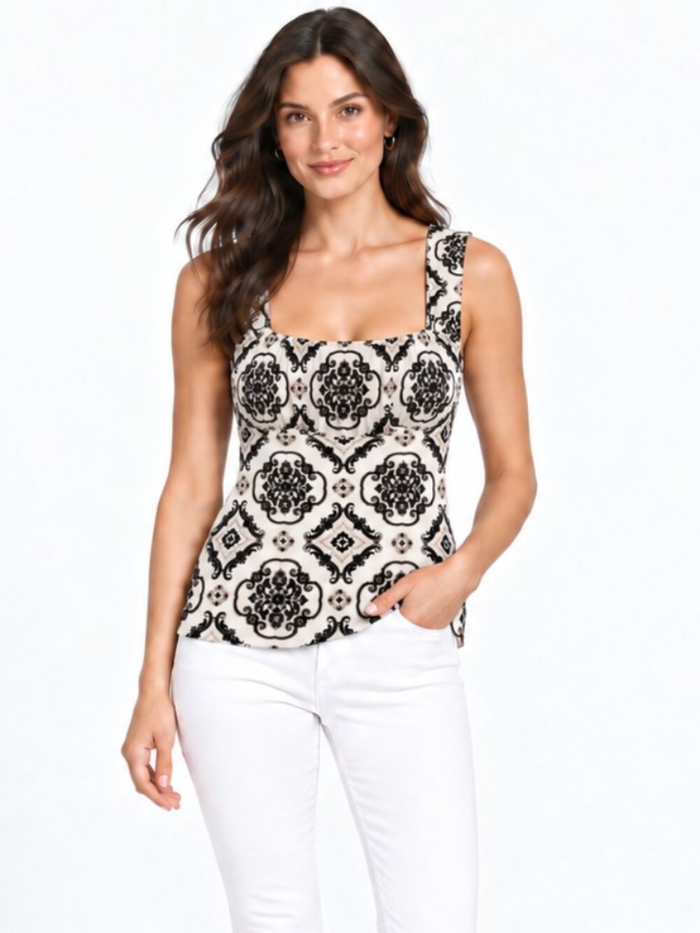 White House Black Market Damask Print Ruched Tank Top | Women's Size Small